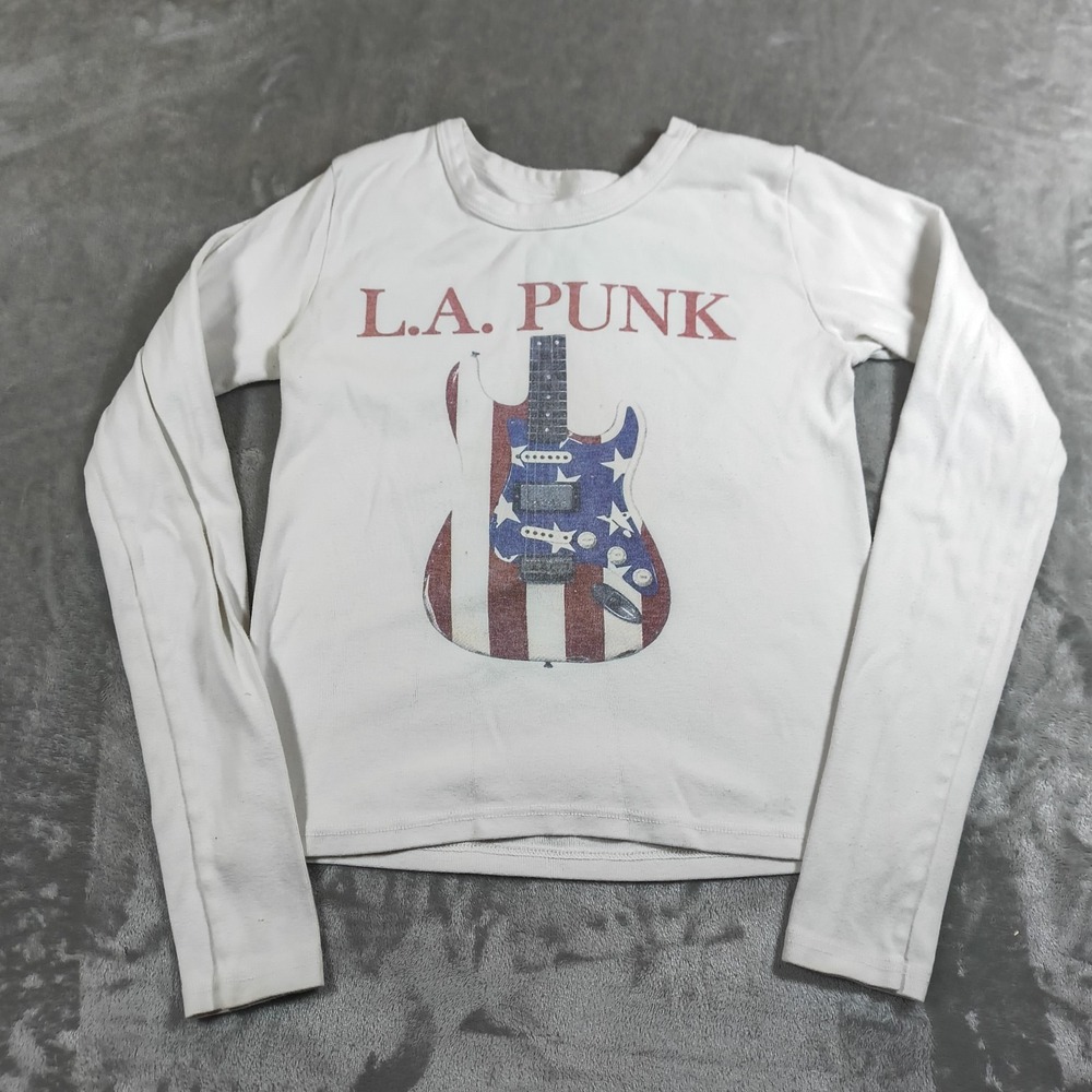 John Galt LA Punk Shirt Womens Small White Guitar Long Sleeve Crop American Flag